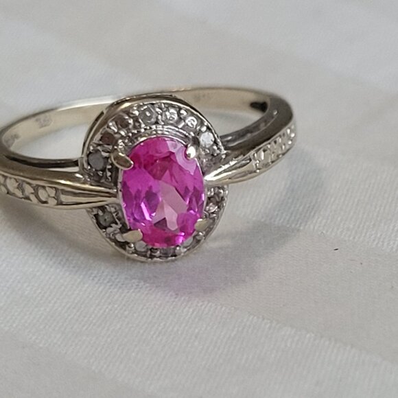 Pink Sapphire Diamond 10k White Gold Ring October Birthstone Size 7 Womens - Picture 10 of 11